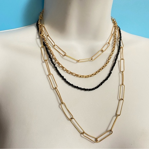 Gold Tone Paper Clip Multistrand Necklace Black Beads Layered - Picture 5 of 7
